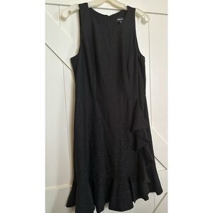 Nine West Black Metallic Knit Ruffle Sleeveless‎ Lined Midi Dress Size 10